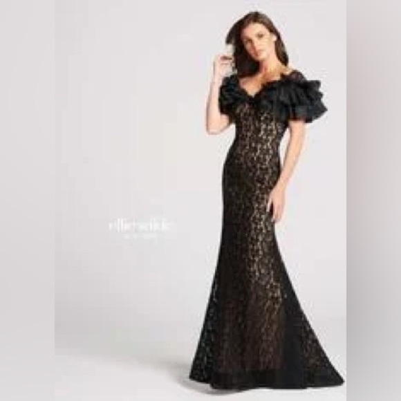 Ellie wilde Mon Cheri black ruffle lace off shoulder elegant dress beading lined - Picture 1 of 12